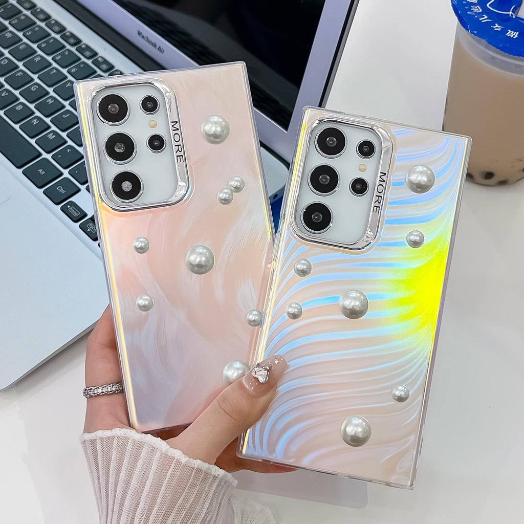Advanced Three Dimensional Pearls Suitable for Samsung S25ultra Mobile Phone Case S24plus Electroplated Laser A56 Hard Set