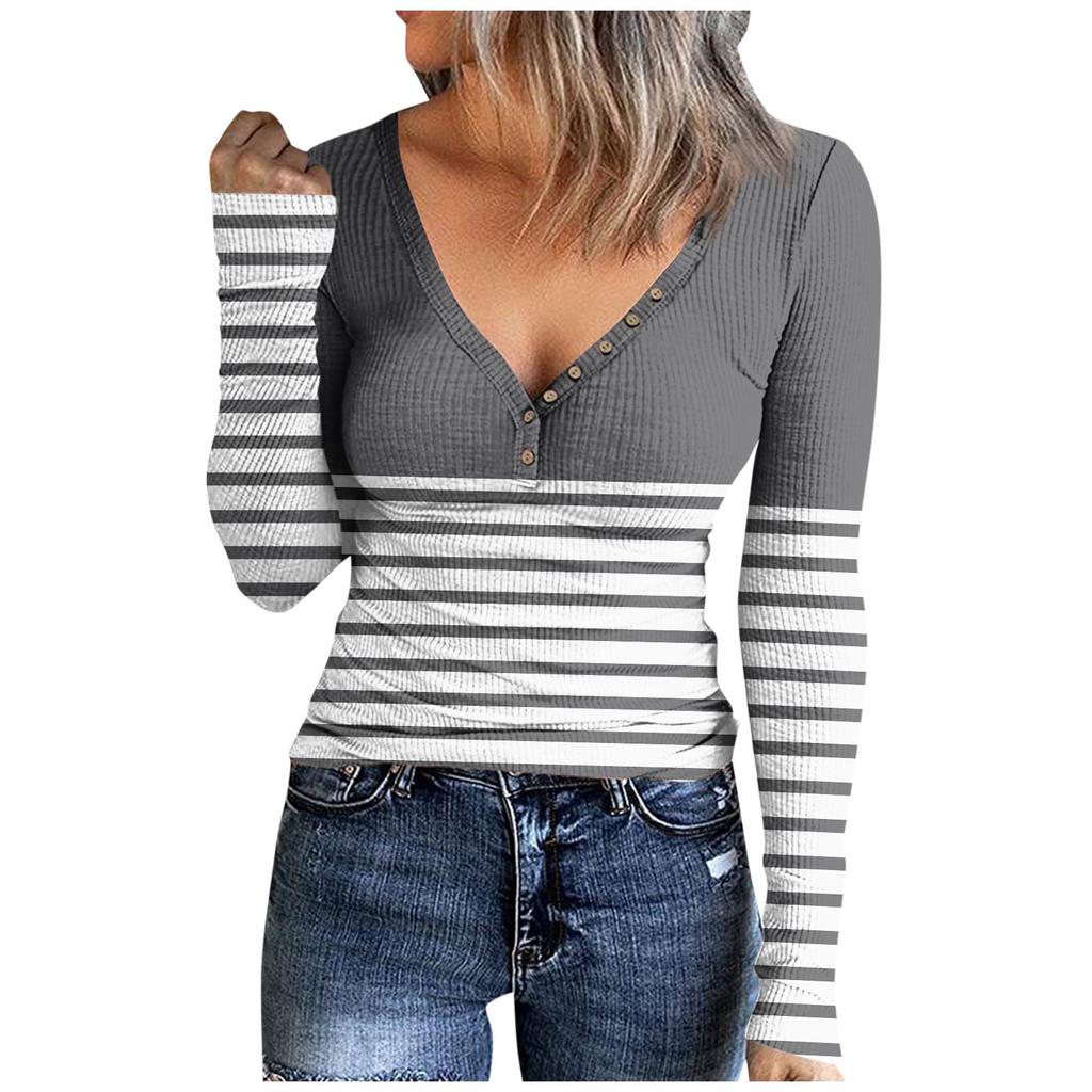 Women's V Neck T-shirt Fashion Casual Print Button Long Sleeve Top