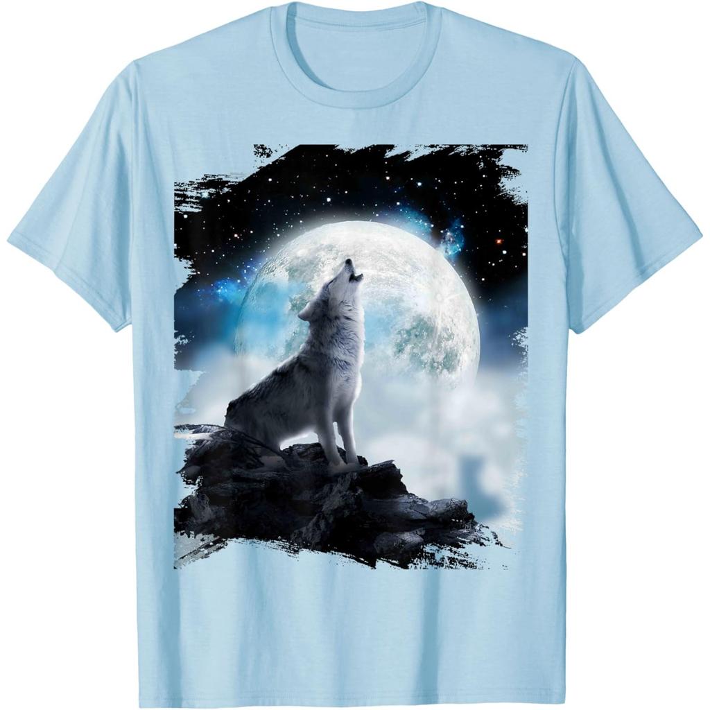 Kosmischer Wolf Heulender Mond Grafik T-Shirt Herren Lässig Rundhals Atmungsaktiv Kurzarm T-Shirt