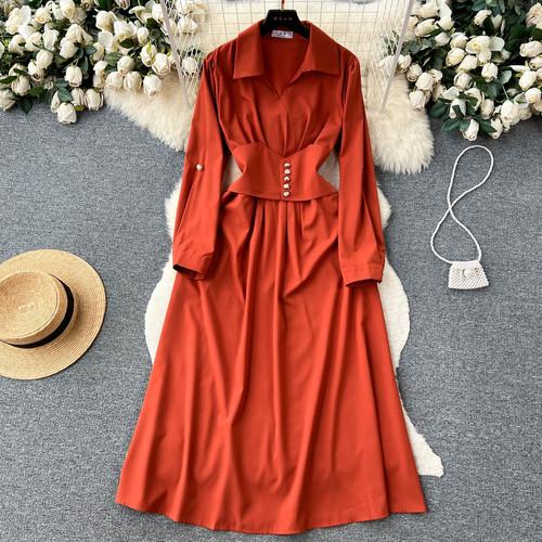 

Vintage Spring Summer Solid Slim Button Full Lady Dress A Line Turndown Collar Chiffon Pullover Women Dresses One Size червоний