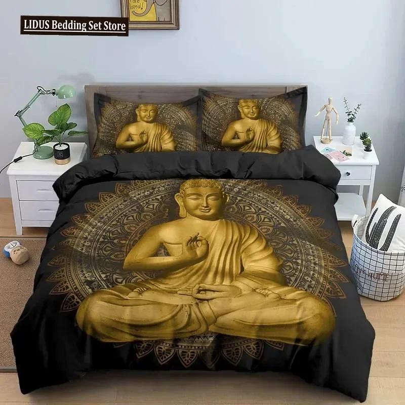Buddha Bettwäscheset Indische Religion Buddhismus Meditation Mandala Bettbezug Lächeln Buddha Floral Weicher Quiltbezug Queen King Size