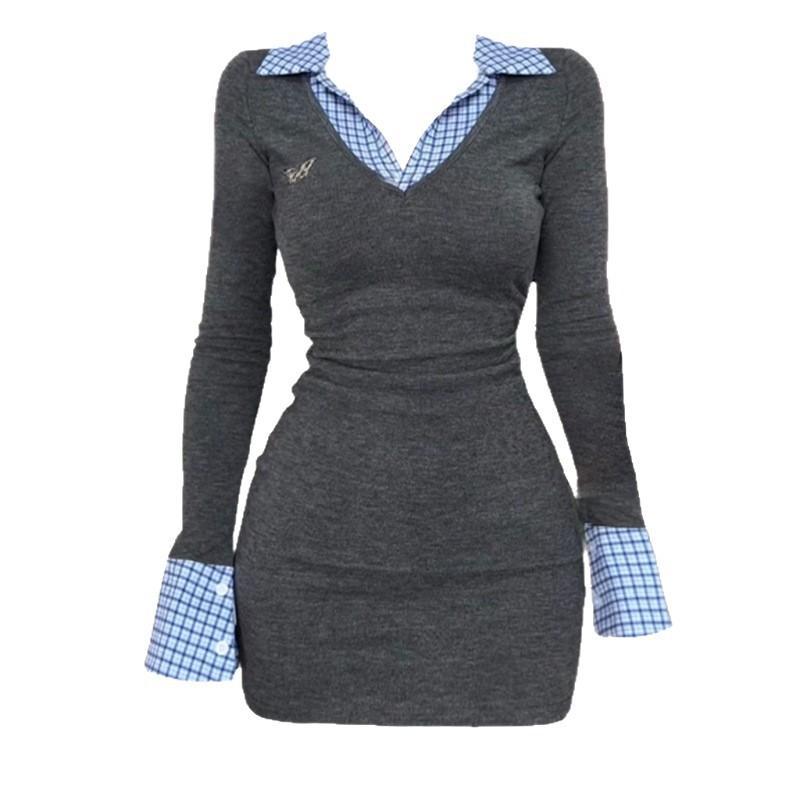 American Spice Girl niche fake two-piece gray knitted dress women's autumn temperament inner slim-fitting hip-wrapped short skirt