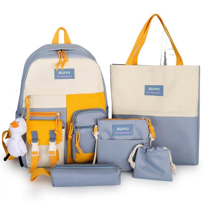 2021 5-teiliges Set Canvas-Rucksack Mode Damen Rucksäcke Wasserdichter Reiserucksack Schulrucksack Rucksack mit hoher Kapazität
