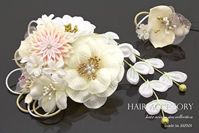 (Soubien) Hair Ornament Set of 2: Flower, Tsumami-zaiku (traditional Japanese fabric flower making), Mizuhiki (decorative cord), Glitter, Corsage,