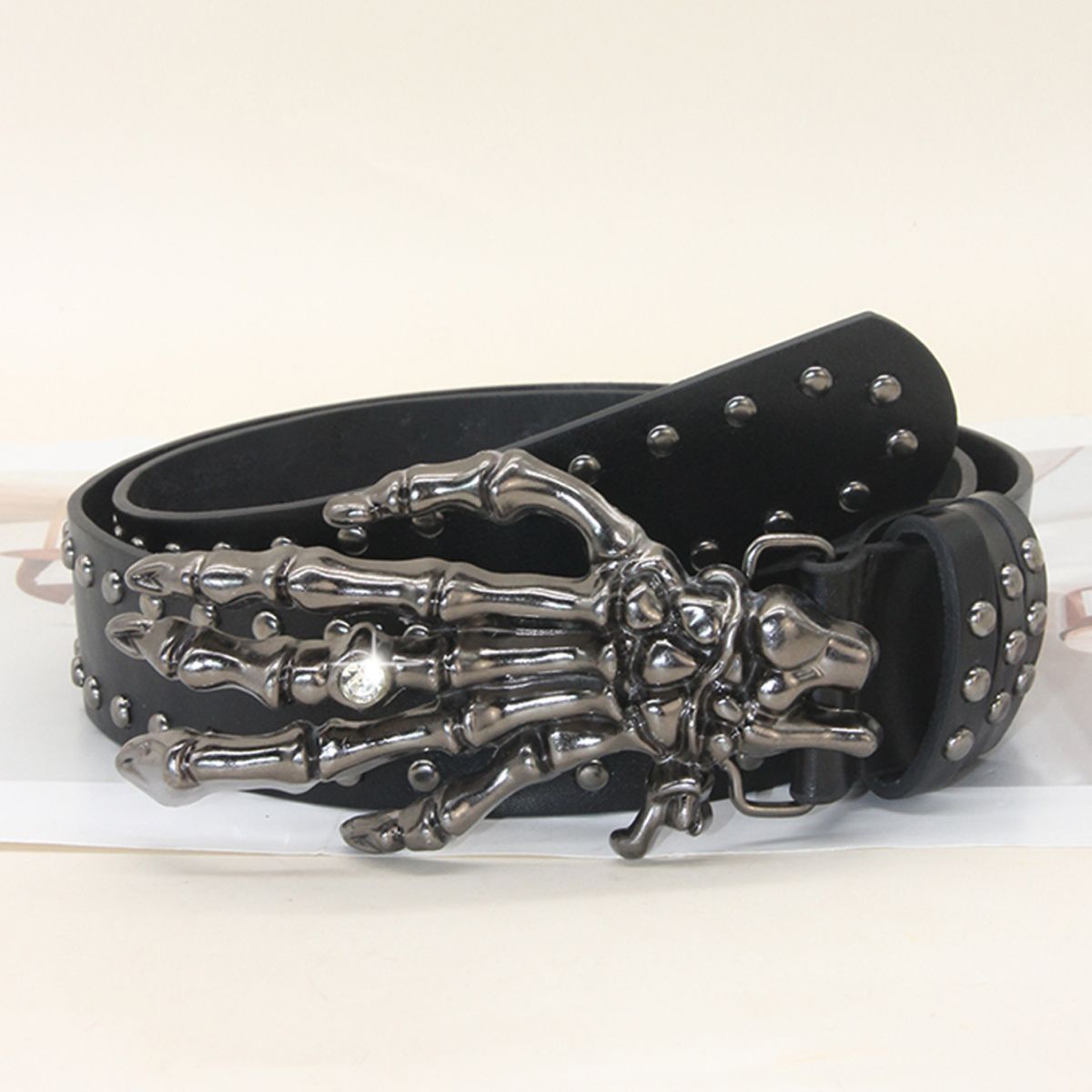 

Punk Fashion Skull Belt Gothic PU Leather Y2K Rivet Belts Skeleton Hand Adjustable Decoration Belt Men Girls Halloween Unisex 105CM