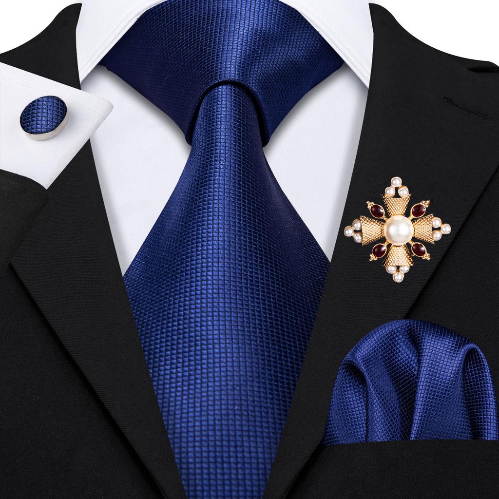 Pearl Brooch with Silk Tie for Men Vintage Floral Teal Necktie Hanky Cufflinks Gift Formal Set