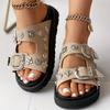 Women's Solid Color Platform Sandals, Double Buckle Design Straps Slip On Thick Bottom Slides Shoes, Summer Comfy Footwear