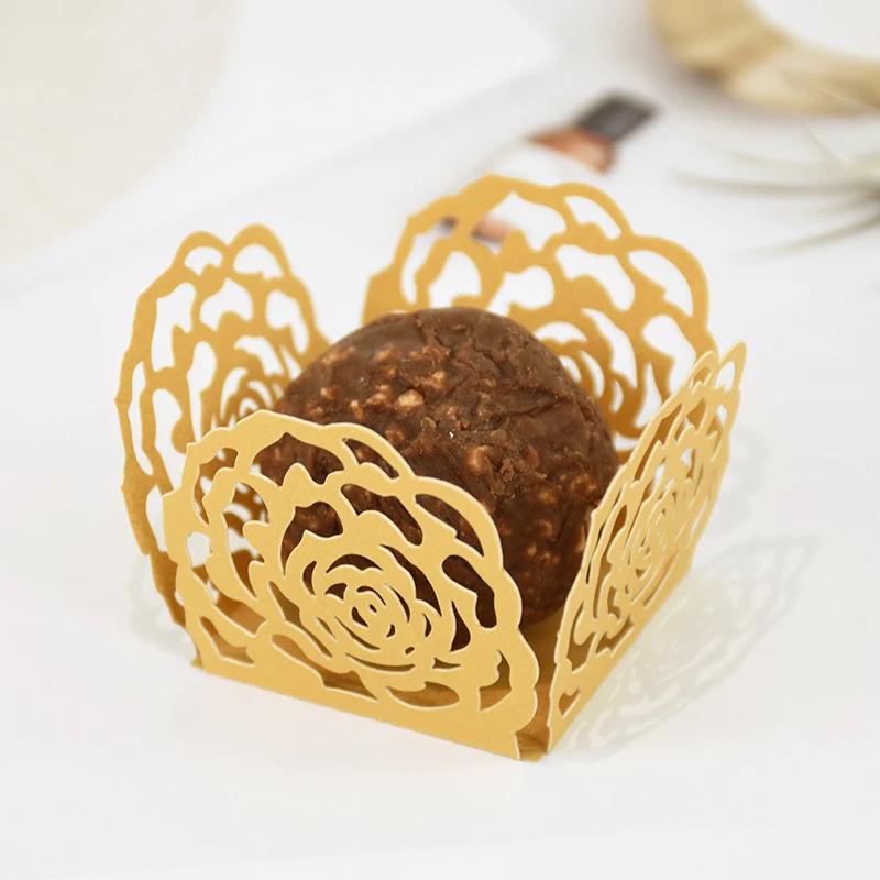 50pcs Chocolate Packing Hollow-Out Rose Baking Dessert Tray Paper Candy Paper Box For Wedding Birthday Party Decoration Supplies