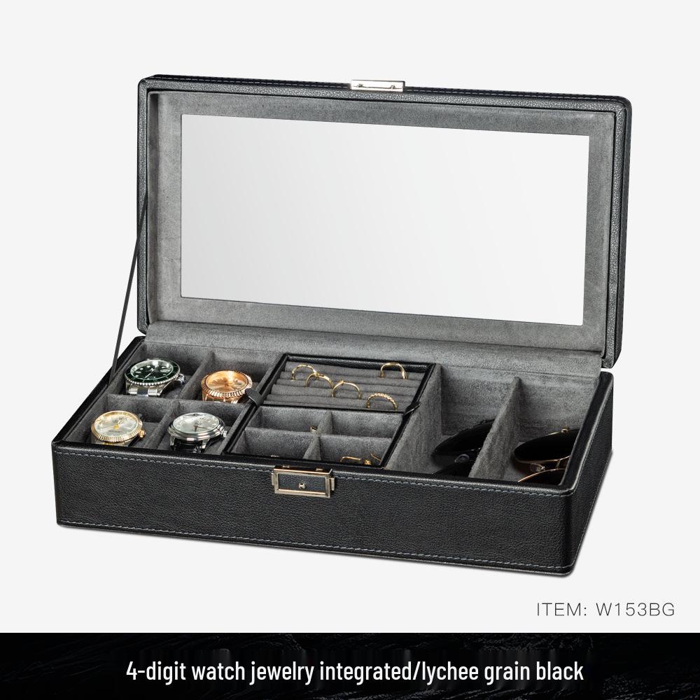 Lychee Grain PU Leather Watch & Eyeglass Storage Box with Multiple Slots