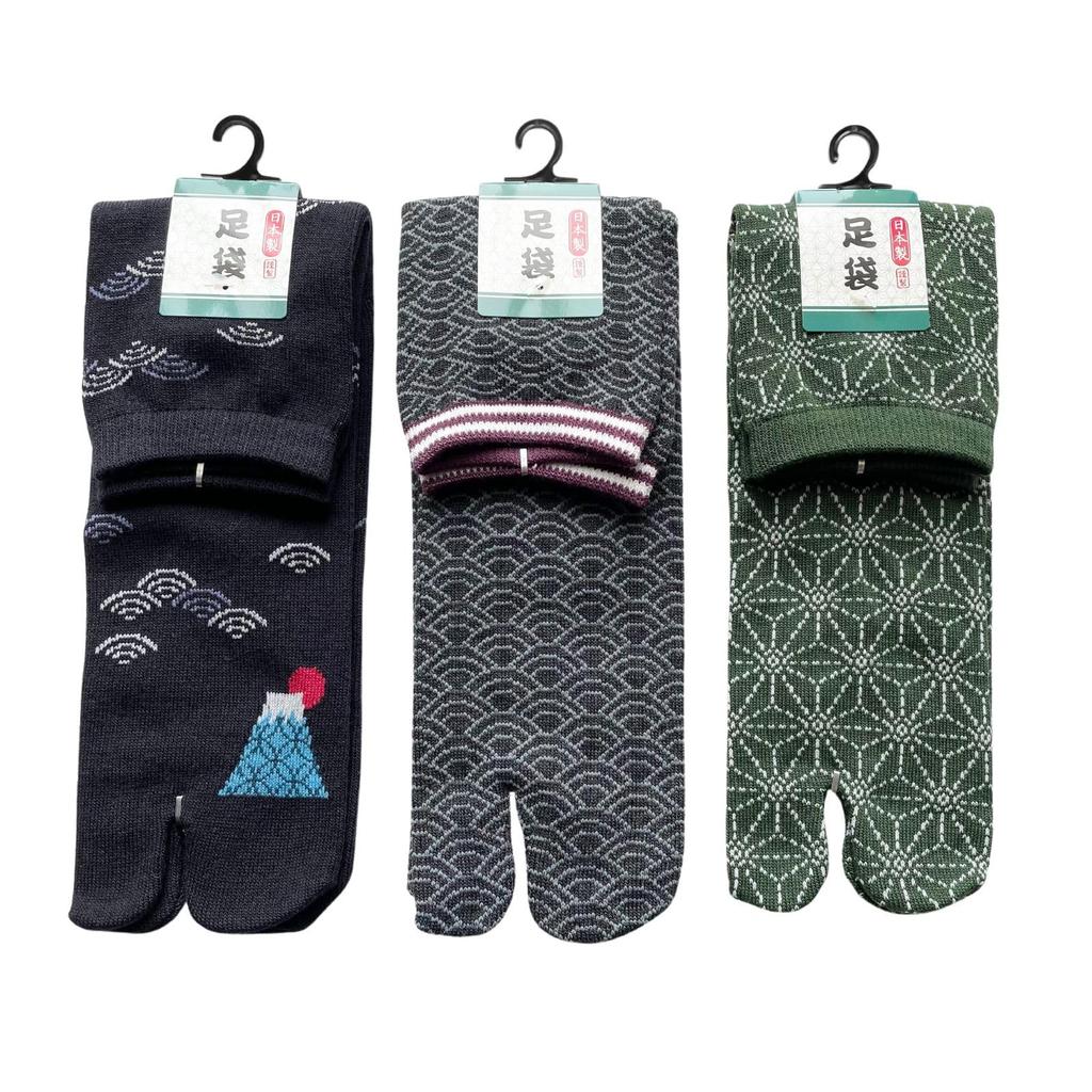 Tabi Socken aus japanischem Hanf und Set mit Berg Fuji Motiv für Herren, Japan, Stil, Chrysantheme, Blatt, Muster, 3 Paar (Verfügbare Farben)