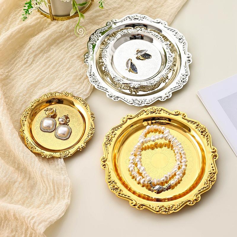 Retro Luxury Silver Plated Plates Cake Dessert Tray High Tea Snack Fruit Dish Jewelry Storage Tabletop Decor Home Hotel Supplies