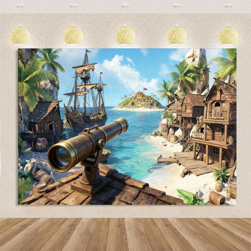 Pirate ship themed backdrop, world map of old treasure, children's birthday party decoration banner, supplies3289