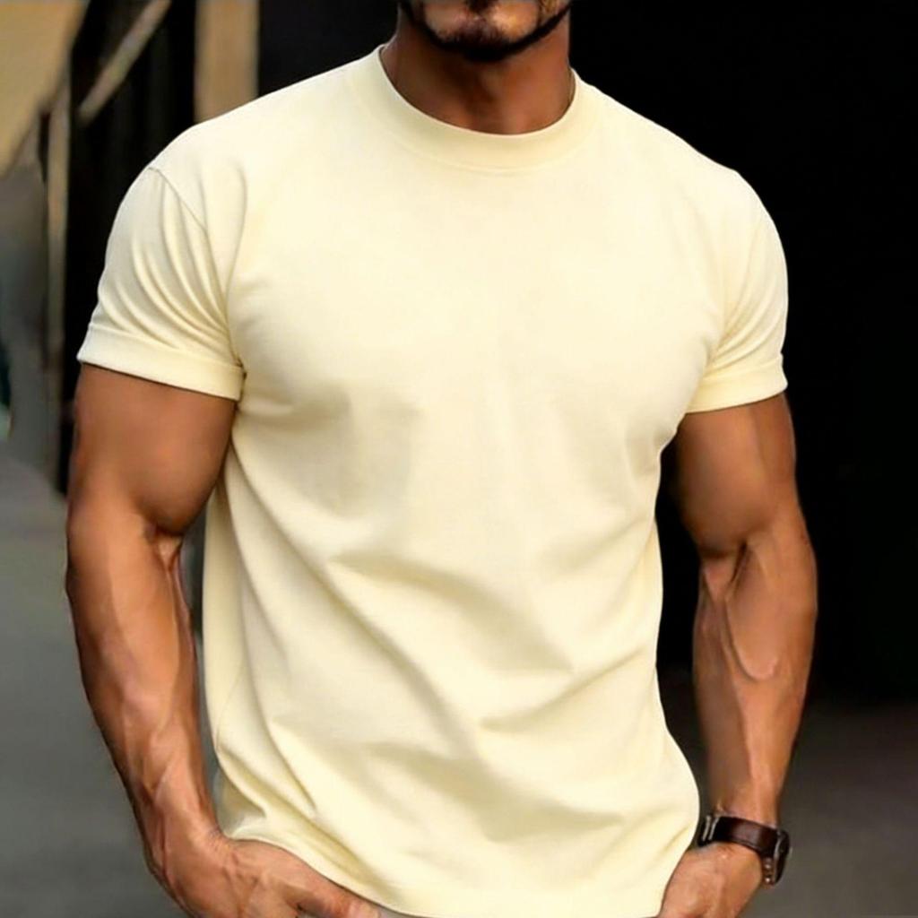 Men's Oversized Round Neck Logo T-Shirt - Solid Color, Drop Shoulder, Pure Cotton, European Size 200g
