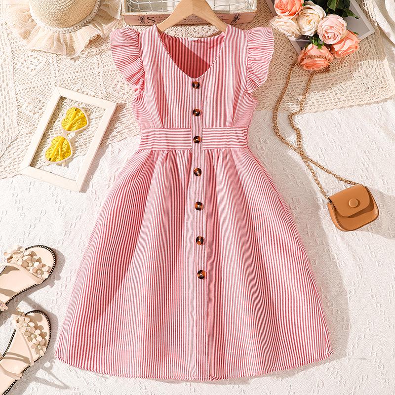 2025 Girls' Summer Striped Princess Dress with Fly Sleeves