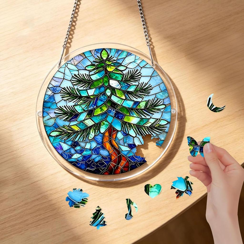 2D Acrylic Puzzle Suncatcher Window Hanging Decor Stained Glass Style Tree Design Round Ornament for Home Office Indoor Outdoor Use