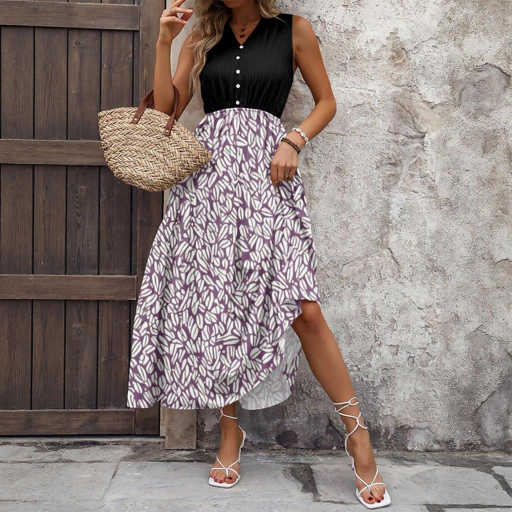 Women's Casual And Fashionable V-neck  Sleeveless Printing Mid Length Dress