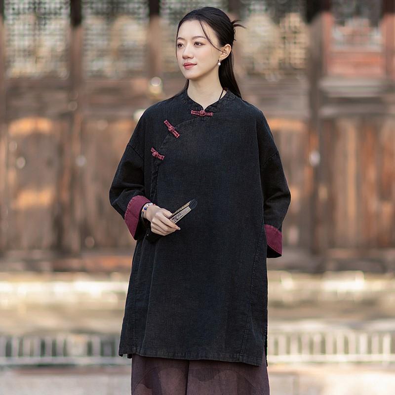 Johnature Women Vintage Shirts Tops Button Spring Chinese Style Solid Color Stand Long Sleeve Blouses