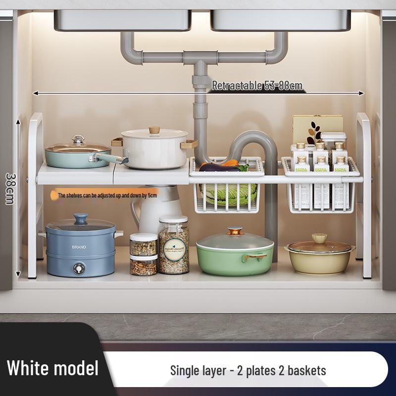 Rozšiřitelný kuchyňský úložný regál: Podumyvadlová police na organizér na nádobí