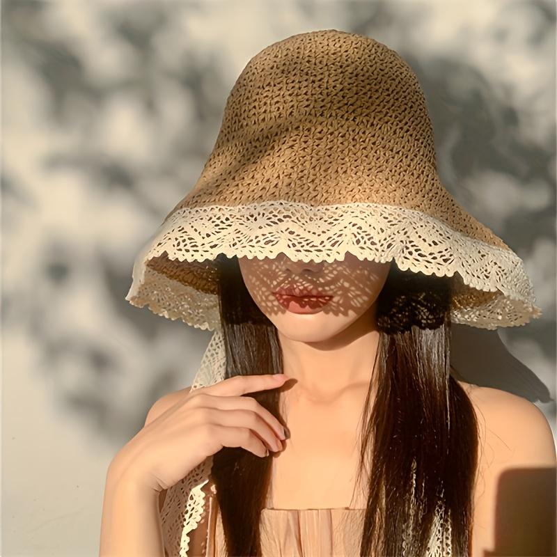 Women'S Wide Brim Sun Hat for Summer, Breathable & Foldable with Lace Trim and Adjustable Chin Strap - Lightweight Crochet Beach Hat, Protection