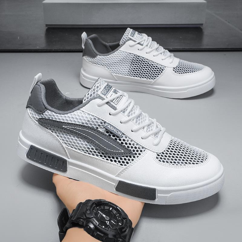 2025 New Men's Shoes Summer Breathable Thin Mesh Hollow Mesh Sports and Leisure Board Shoes Men's White Shoes