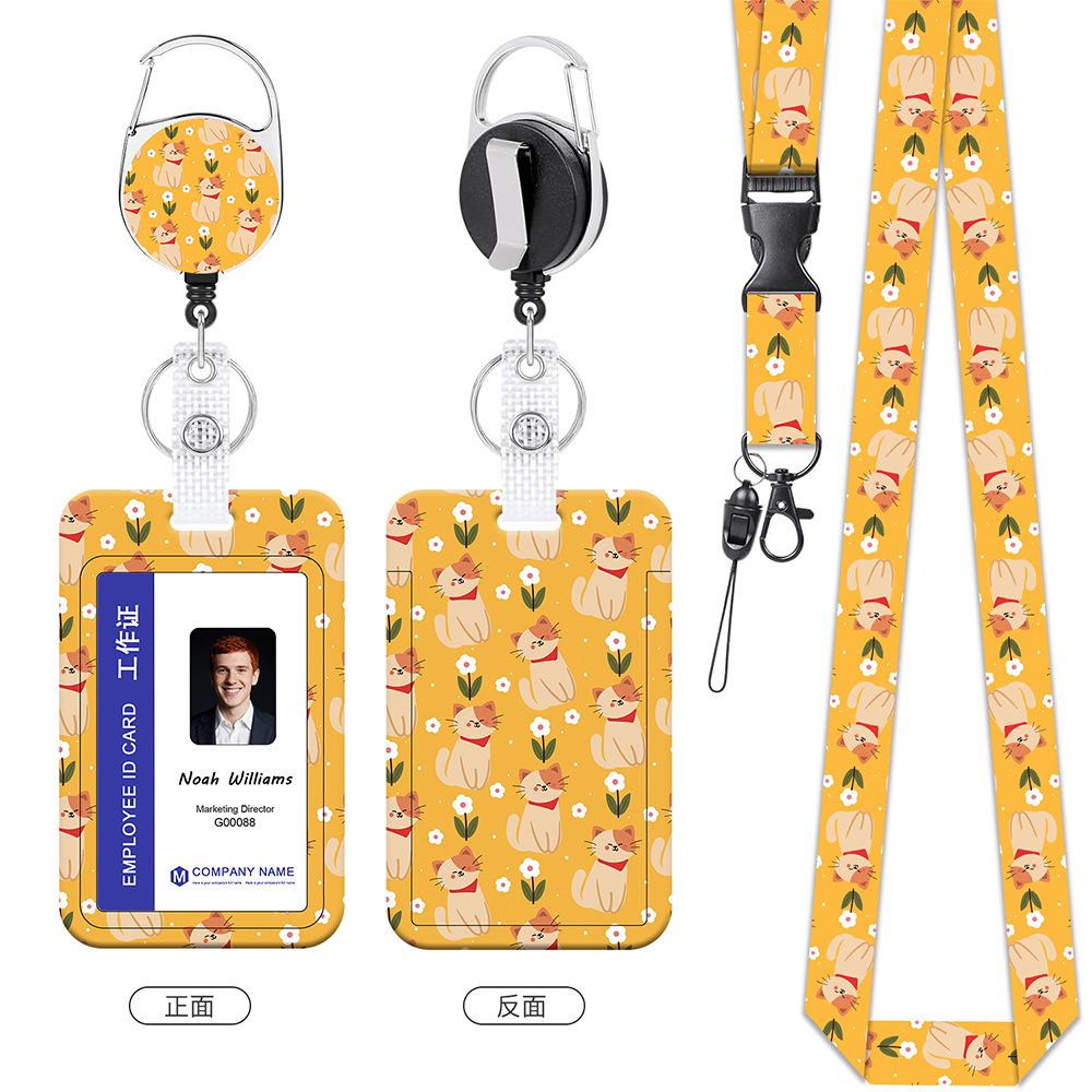 Ausweishalter mit Blumen-Katzen-Print Süßes Lanyard-Set für Damen Krankenschwester Lehrer Einziehbare Rolle Kartenclip Halter Tasche
