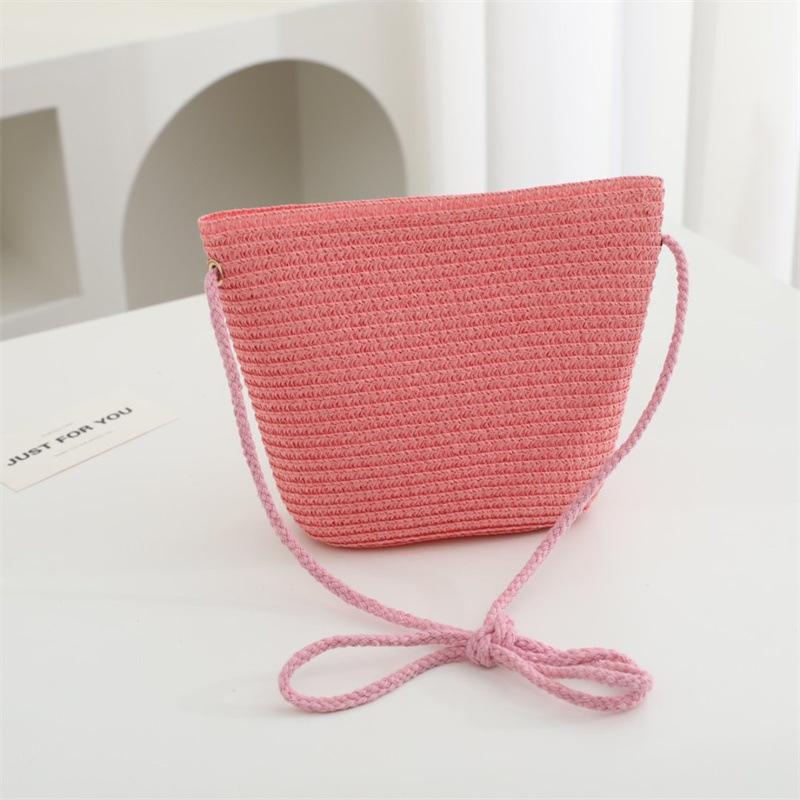 Summer Solid Color Straw Bag Shoulder Messenger Round Bag Children Versatile Outing Beach Bag Light Board DIY Round Weaving