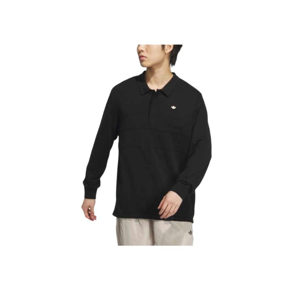 Adidas Originals Serie Classica Tinta Unita Stile College Vintage Comoda Polo a Maniche Lunghe Uomo top Nero JD5805