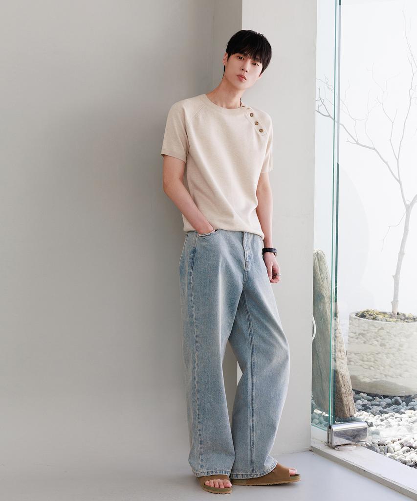 NODU Shoulder Button Raglan Crop Half Knit [Oatmeal]