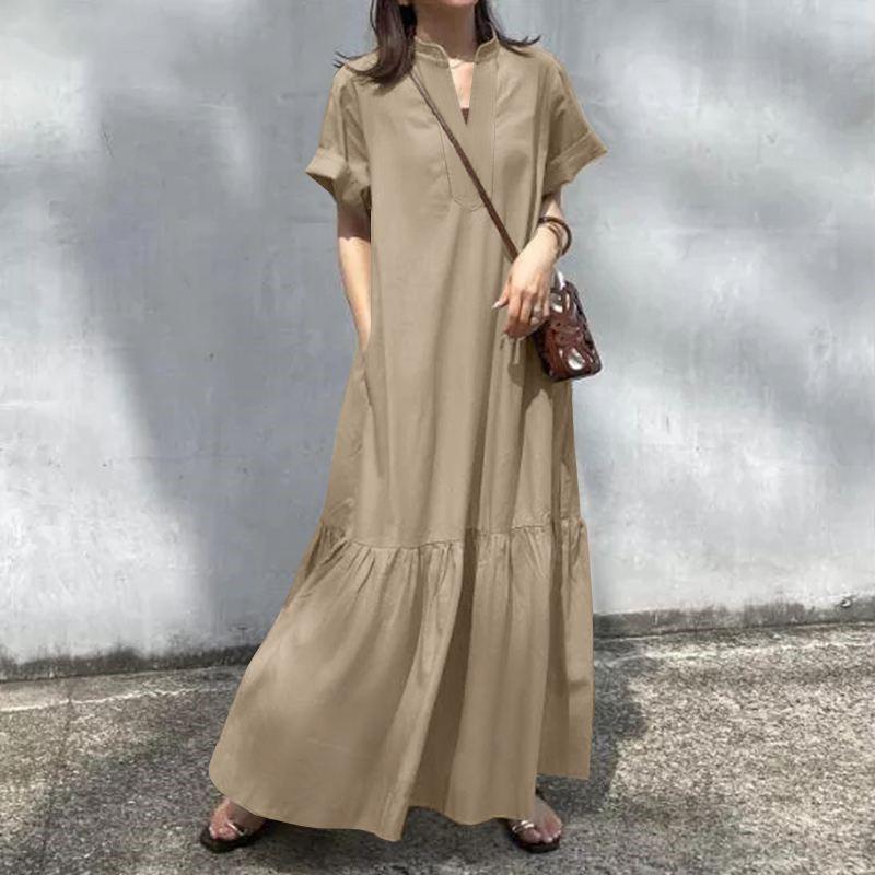 Spring/Summer 2025 Fresh Sweet V-Neck Loose Short Sleeve Fishtail A-Line Dress