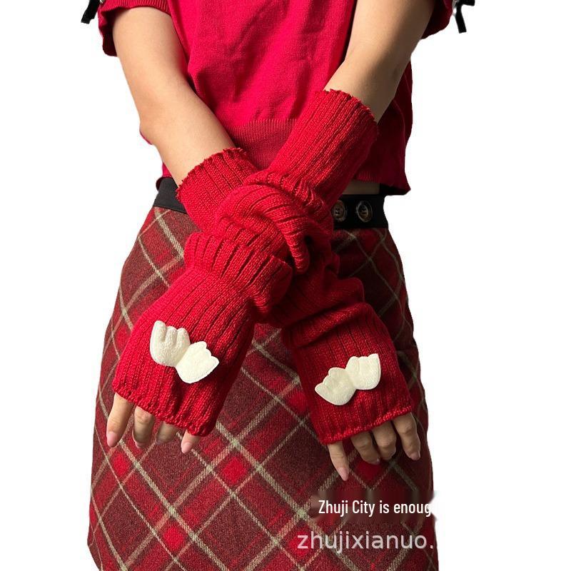 

Xia Nuo Cute Angel Fingerless Wool Gloves: Warm Red Knit Christmas Arm Warmers One Size білий