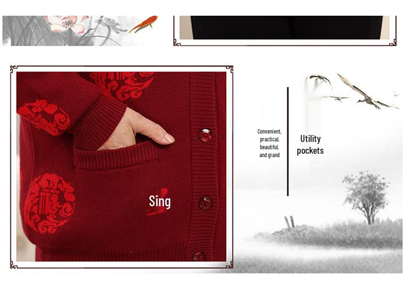 Year-Round Fu Character Sweater for Middle-Aged & Elderly Couples - Red Plus Velvet Tang Suit Cardigan