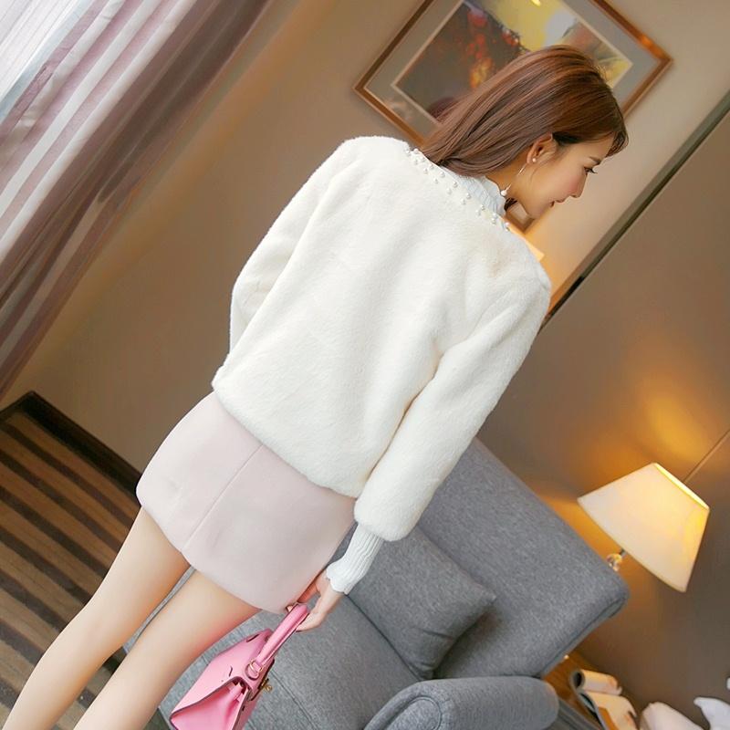 Autumn and Winter Clothing Fluffy Beaded Imitation Fur Jacket New Slim-fit Round Neck Lady Top Women's Coats