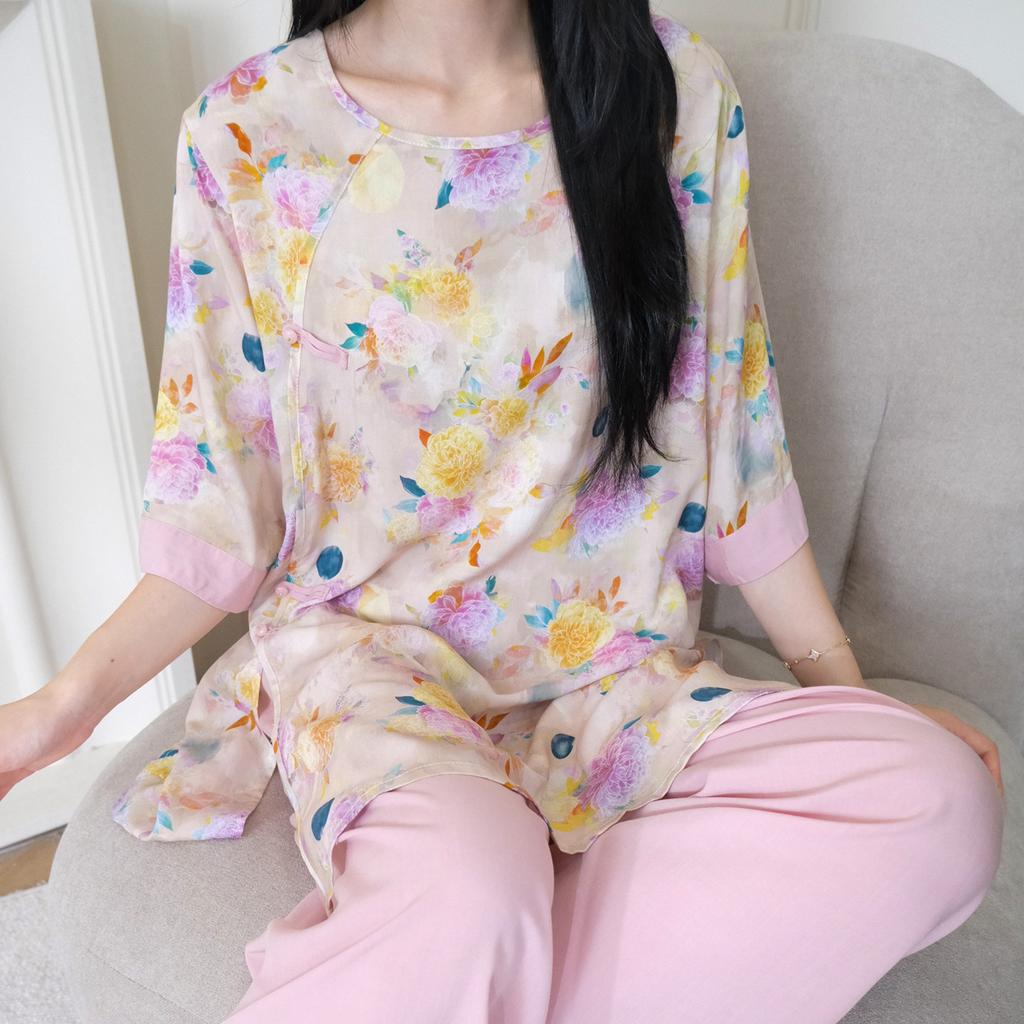 New Chinese national style cotton and silk pajamas women's spring and summer medium-sleeved wide-leg pants can be worn outside loungewear high-end