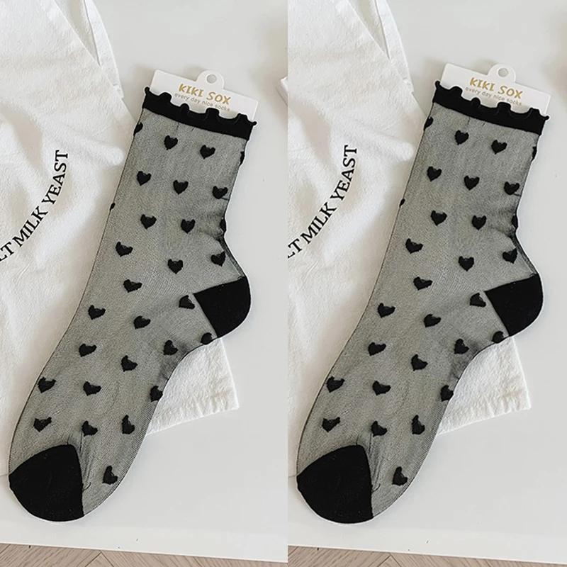 

Sweet Cute Lolita Silk Lace Socks Ruffled Love Heart Pattern Thin Socks Women Girls JK Mesh Crystal Transparent Black White Sock