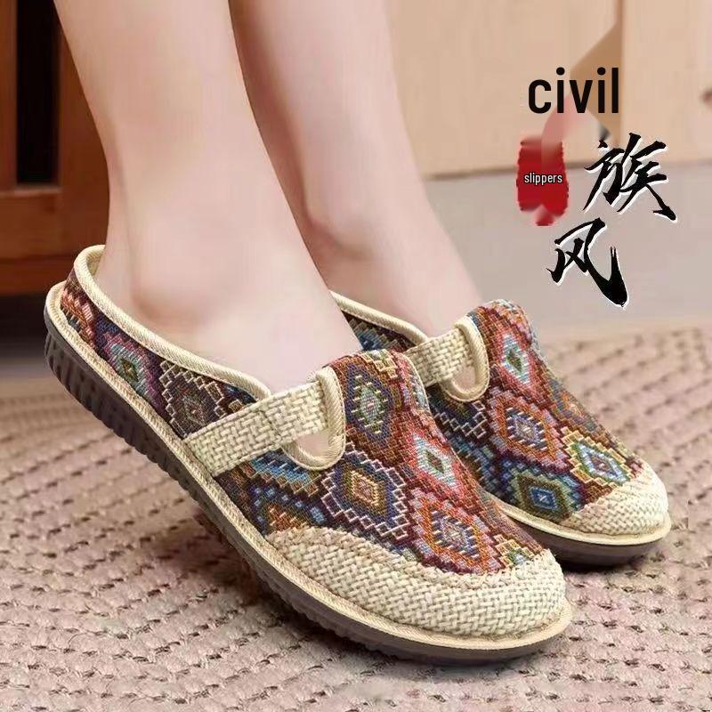 

Летние льняные женские тапочки с закрытым носком в этническом стиле - Дышащая обувь Ханфу в старом Пекине 37