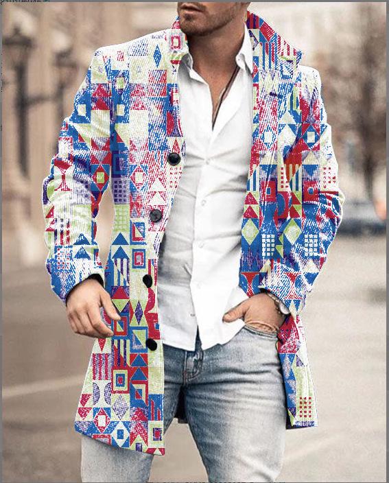 Men's Woolen Mid-Length Digital Print Coat - Autumn/Winter Collection