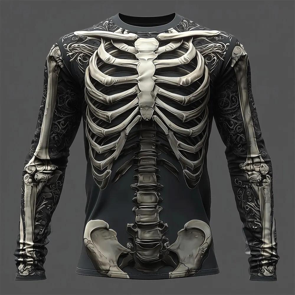 Creative Design 3D Skull Print Men's T-Shirt Autumn Daily Casual Long Sleeve Crew Neck Pullover Tees Oversize Breathable Clothes