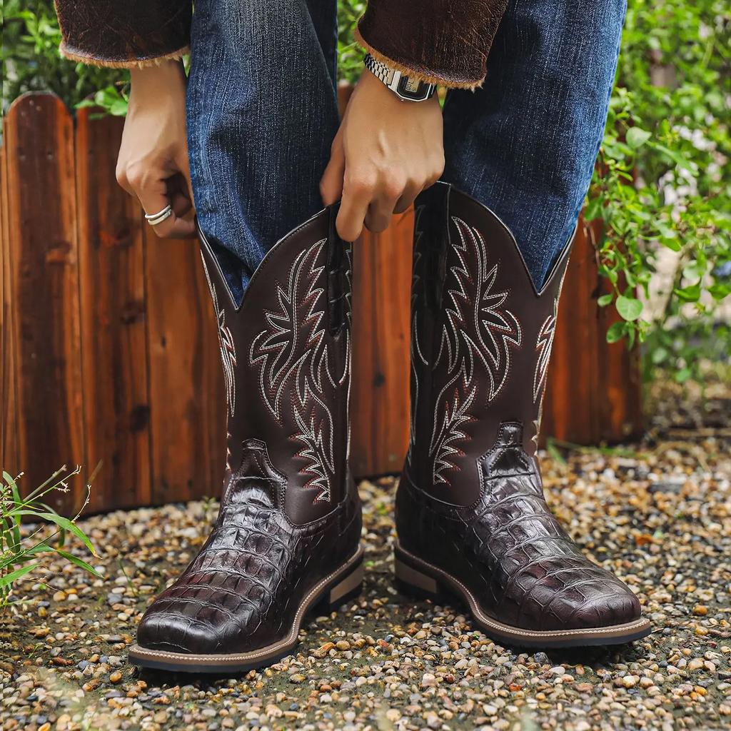 Mens Boots Cowboy Boots Imitation Crocodile Pattern High Tube Embroidered Retro Wide Head Western Cowboy Boots Mens Shoes