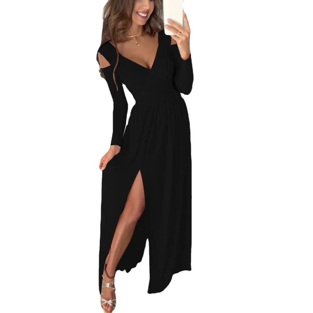 Vestito casual da festa multiuso con spacco lungo, a maniche lunghe, scollo a V, tinta unita, da donna