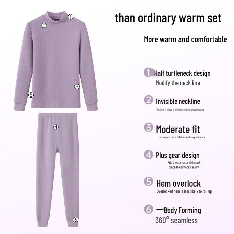 Ersun Women's 100% Cotton 3-Layer Mock Neck Thermal Underwear Set