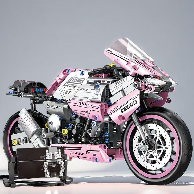 Non-Toxic 1860 Pieces Of Building Blocks Pink Motorcycles Super Cool Futuristic Style Technological Design Easy To Assemble And Operate