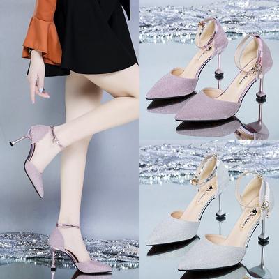 High Heel 8cm New Pointed Rhinestone High Heels Slim Heels Fashion Sandals Female Sexy One Button Strap Single Shoes Female