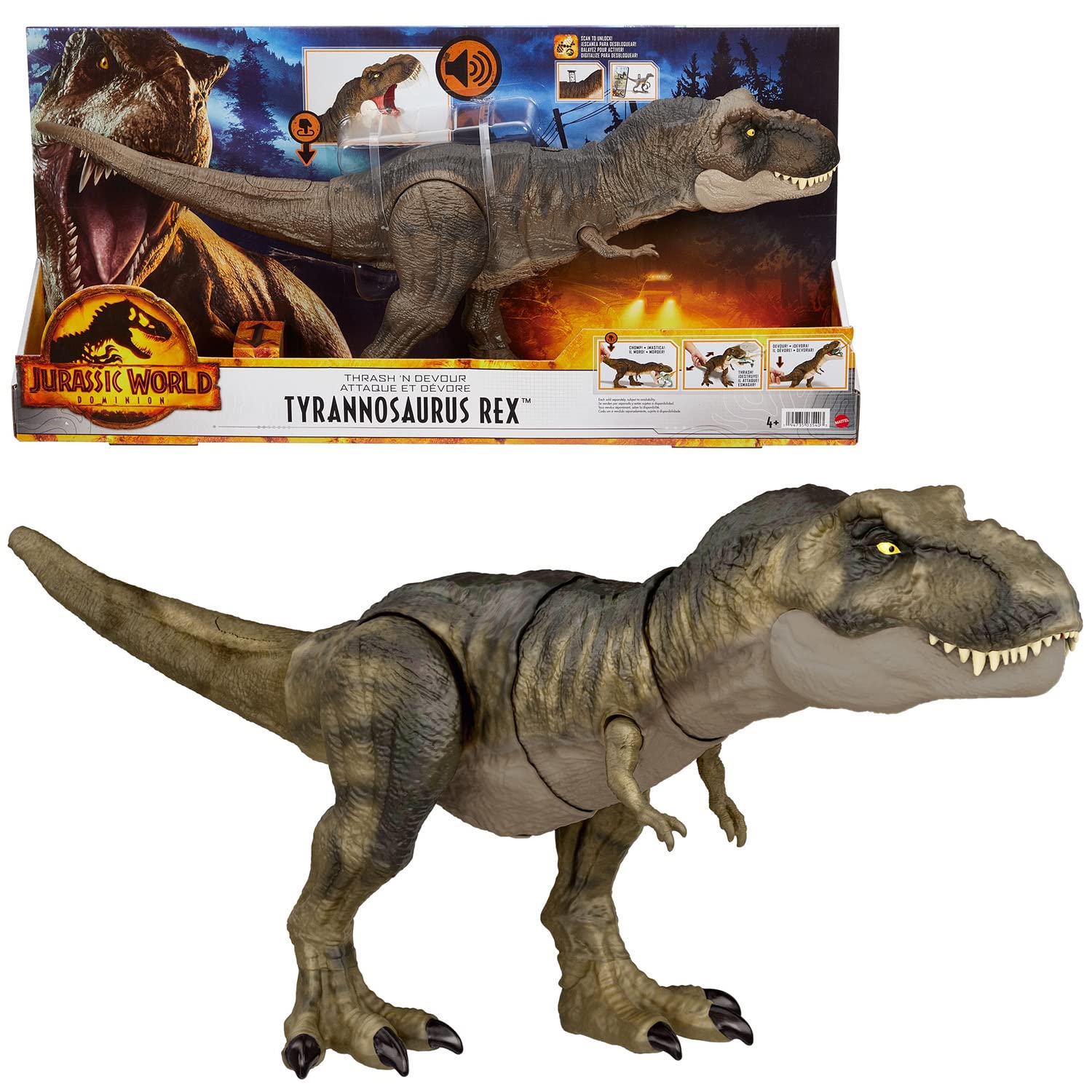 

Mattel Мир Юрского периода Новый Правитель Супер Укус Рычащий Т. rex [Общая длина: приблизительно. 53см] [Возраст 4 года и старше] HDY55
