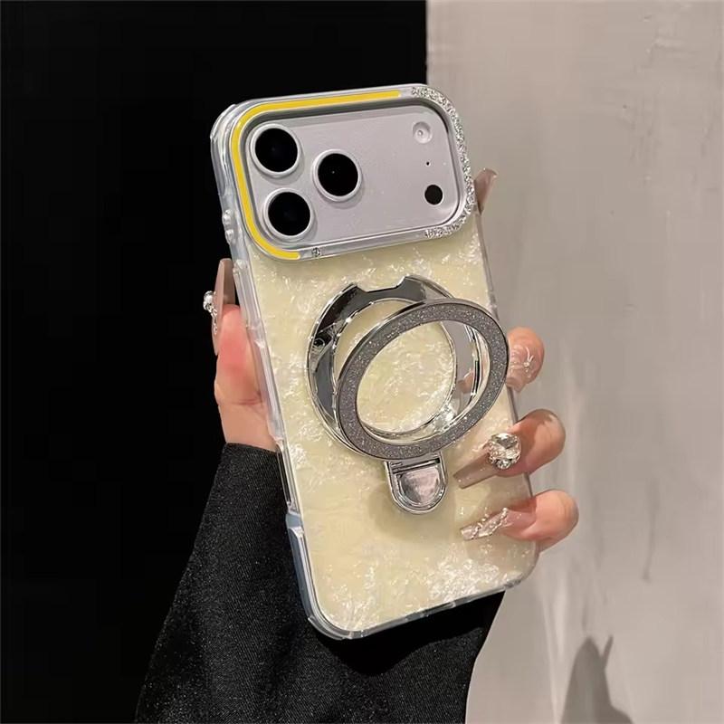Luxury Glitter Magnetic Shockproof Case for iPhone 17 16 15 14 13 Pro Max Plus Bracket Stand Diamond Camera Frame Glossy Cover