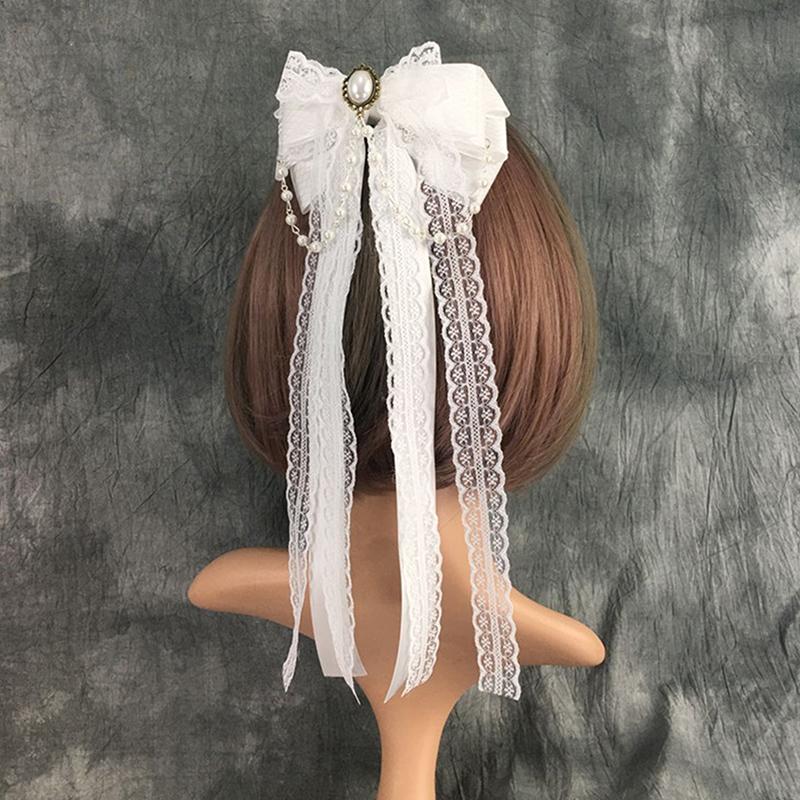 

Lolita Pearl Bow Lace Ribbon Hair Clip Korean Style Sweet Cute Hairpins Duckbill Clip Women Vintage Headdress Hair Accessories A1