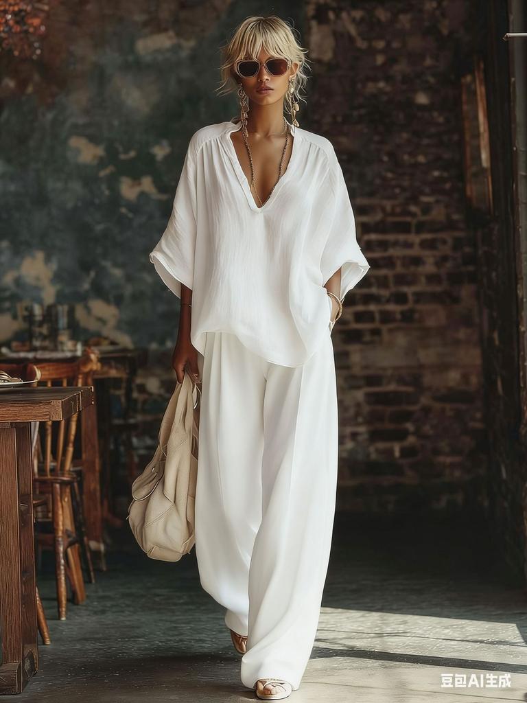 Damen V-Ausschnitt Kurzarm Locker sitzend Zweiteiliges Set Lässig Weite Hosen Outfit Mehrere Farben
