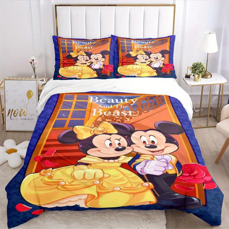 3pcs Beauty and the Beast Theme Mickey and Minnie Bedding Set Includes 1 Quilt Cover and 2 Pillowcases, Comfortable Bedding