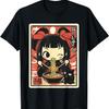 Kawaii Chibi Girl In Kimono Eating Ramen with Black Kitten T-Shirt
