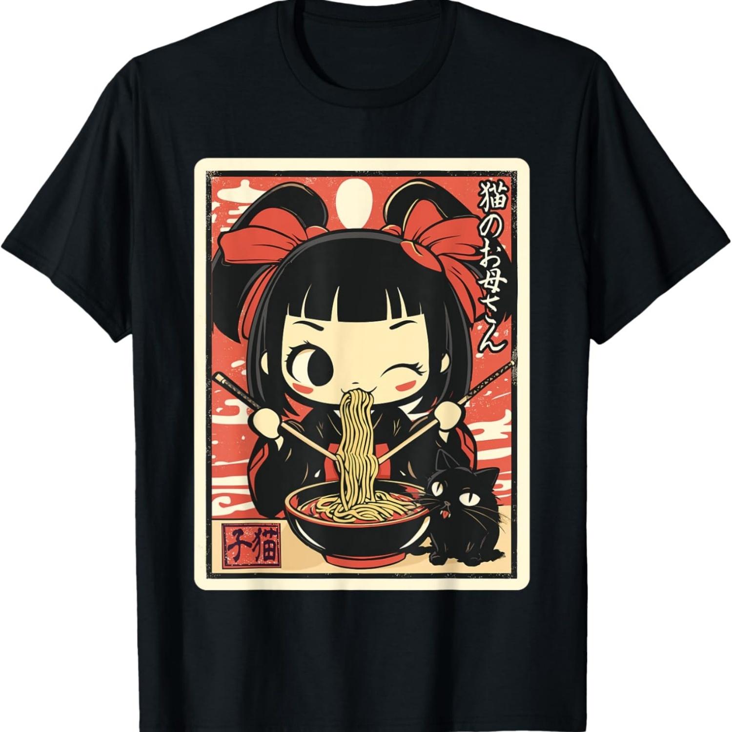 Kawaii Chibi Girl in Kimono Eating Ramen with Black Kitten T-Shirt S чёрный