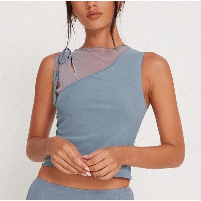 Women's Summer New Fashion Slim Sexy Sleeveless Fake Two Rope Mesh Short Top